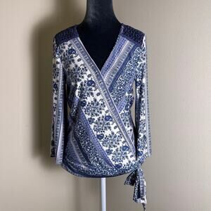 Absolutely Famous Blue Paisley Boho Wrap Blouse Bell Sleeve Small